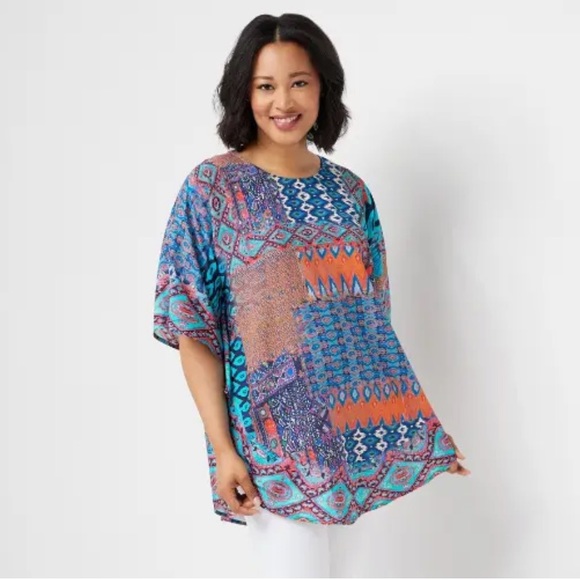 Tolani Tops - Tolani Collection Petite Printed Woven Caftan Tunic Navy Ikat PL A347419 QVC